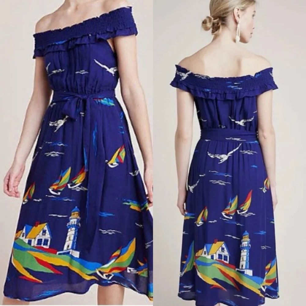 NWT Anthropologie 48 Of 52 Conversations Off Shoulder Nautical Midi Dress Size 6
